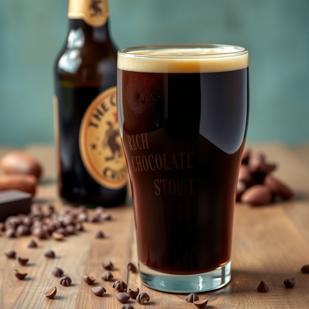 A dark glass of chocolate stout beer with a creamy head and cocoa nibs in the background.